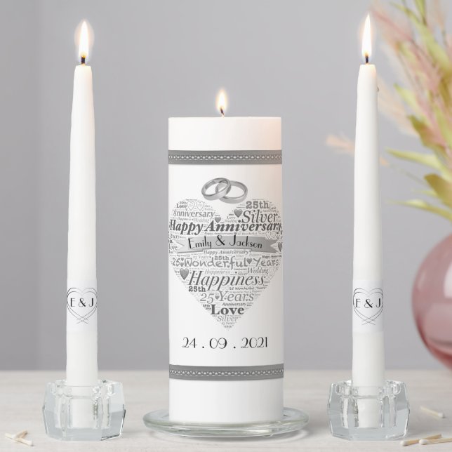 Personalised Silver 25th Wedding Anniversary Unity Candle Set (In Situ)