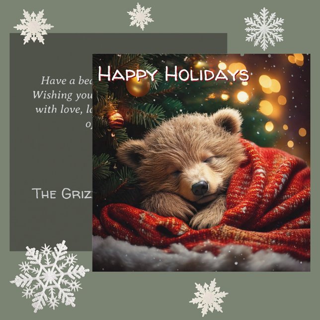 Personalised Sleeping Bear Cub | Square Christmas Holiday Card (deep peace & winter warmth personalised square Christmas card. adorable bear cub sleeping under tree)