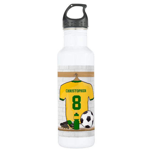 Personalised soccer jersey yellow green stainless steel water bottle (Front)