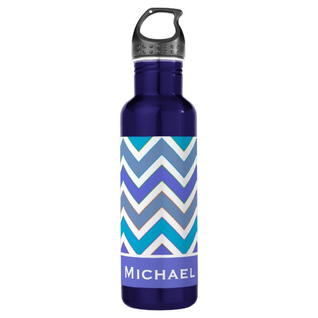 Personalised Sporty Blue Chevron Pattern Stainless Steel Water Bottle (Front)