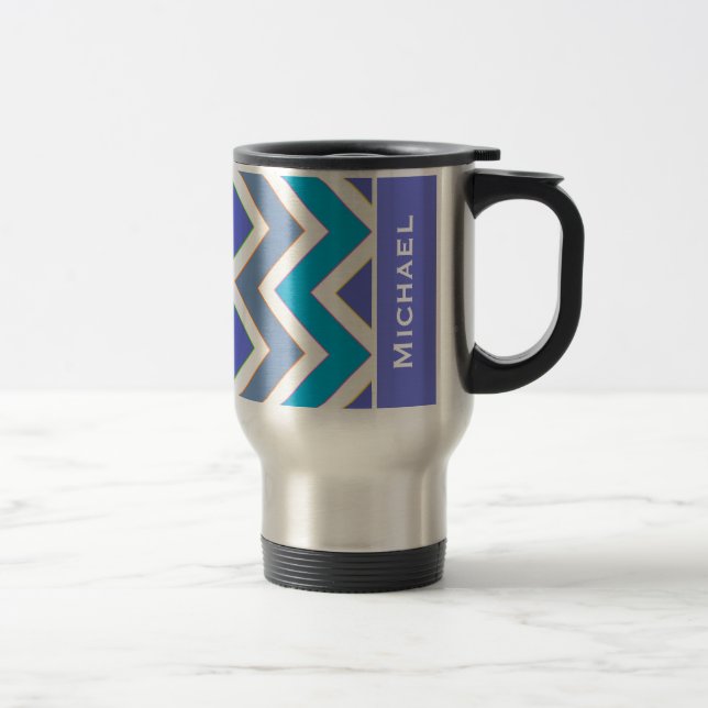 Personalised Sporty Blue Chevron Pattern Travel Mug (Right)