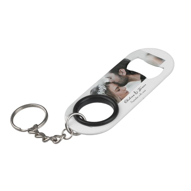 Personalised Stylish Calligraphy Photo Name Date  Keychain Bottle Opener (Front Angled)
