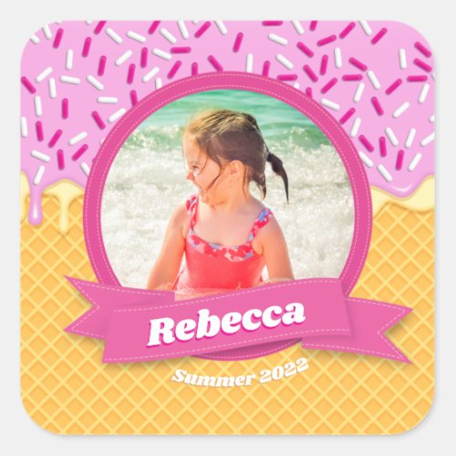 Personalised Summer Pink Ice Cream Waffle Photo  Square Sticker