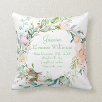 Personalised Summer Rose Garland Baby Birth Stats Throw Pillow