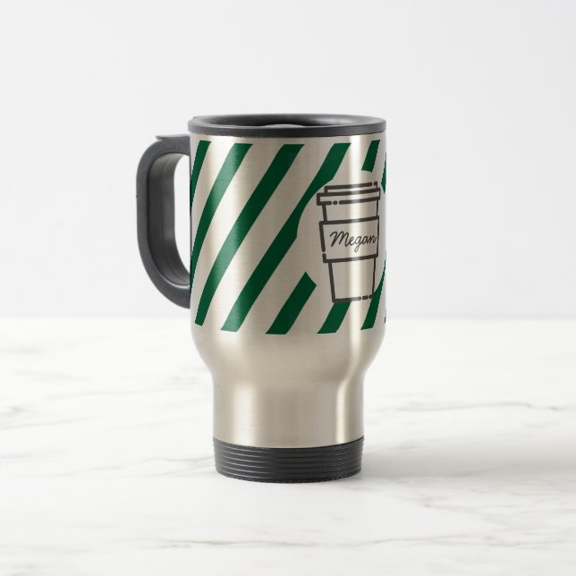 Personalised Take Out Coffee Cup Green Striped (Front Left)