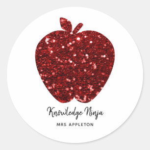 Personalised Teacher Name Sparkly Red Apple Classic Round Sticker