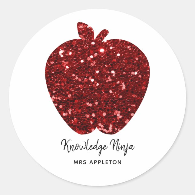 Personalised Teacher Name Sparkly Red Apple Classic Round Sticker (Front)