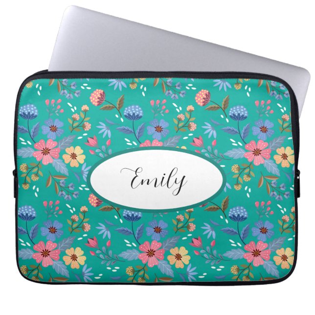 Personalised Teal Floral Laptop Sleeve (Front)