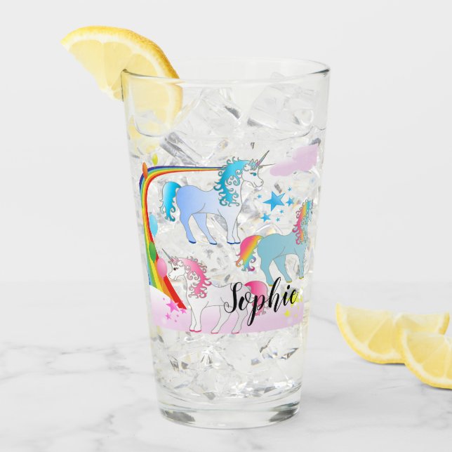 Personalised Unicorn And Rainbow Drinking Glass (Front Ice)