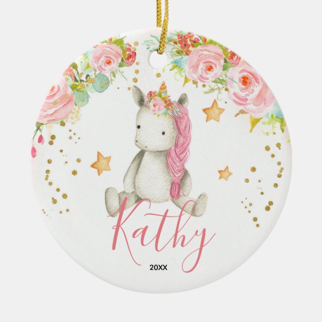 Personalised Unicorn Baby Girl First Ornament (Front)