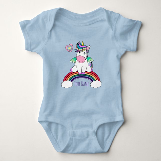 Personalised Unicorn Sitting On A Rainbow Baby Bodysuit (Front)