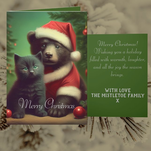 Personalised Vintage Bear & Black Kitten Christmas Holiday Card (A vintage style victorian inspired Santa hat bear Father Christmas Black Cat family holiday card)