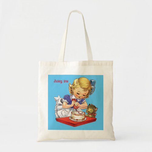 Personalised vintage girl baking a cake   tote bag