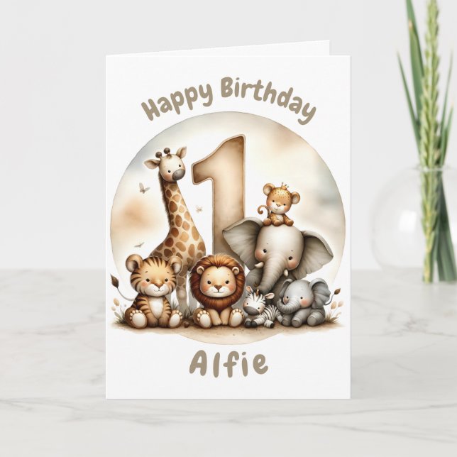 Personalised Watercolor First Birthday Safari Card (Front)