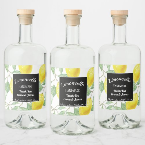 Personalised Watercolor Lemon Leafs Black Liquor Bottle Label