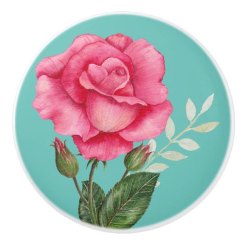 Personalised Watercolor Pink Rose Floral Turquoise Ceramic Knob