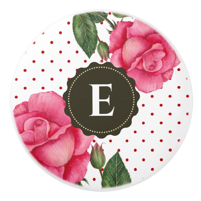 Personalised Watercolor Pink Roses Floral Monogram Ceramic Knob (Front)