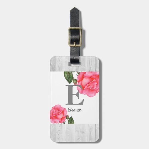 Personalised Watercolor Pink Roses Floral Monogram Luggage Tag