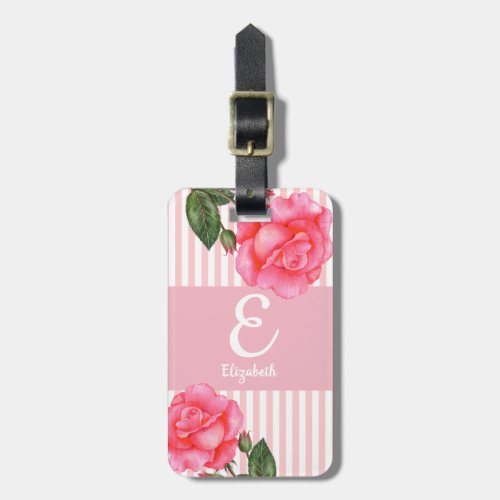 Personalised Watercolor Pink Roses Floral Monogram Luggage Tag