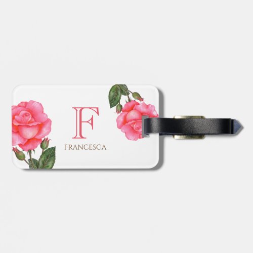 Personalised Watercolor Pink Roses Floral Monogram Luggage Tag