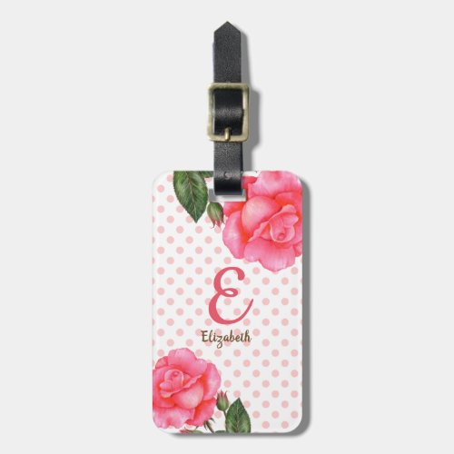 Personalised Watercolor Pink Roses Floral Monogram Luggage Tag