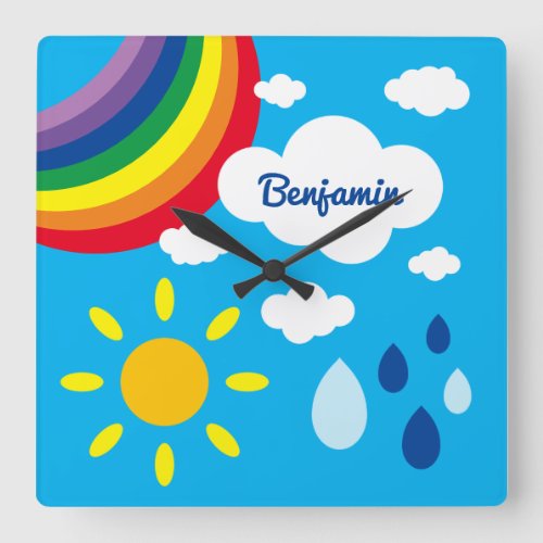 Personalised Weather Rainbow Clouds and Sunshine Square Wall Clock