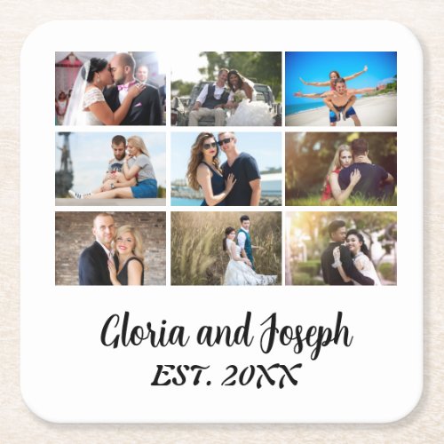 Personalised Wedding Anniversary 9 Photo Collage Square Paper Coaster