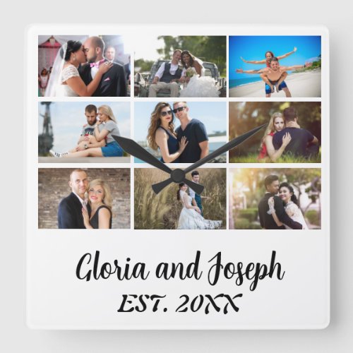 Personalised Wedding Anniversary 9 Photo Collage  Square Wall Clock