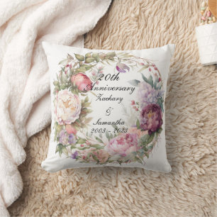 Personalised Wedding Anniversary Peony Wreath Throw Pillow