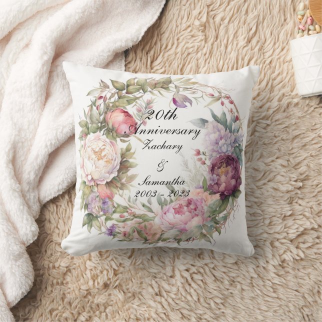 Personalised Wedding Anniversary Peony Wreath Throw Pillow (Blanket)
