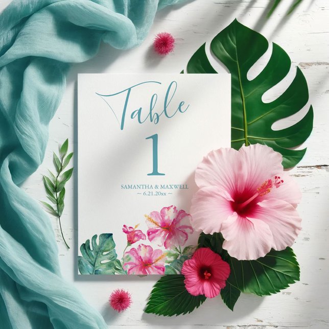 Personalised Wedding Table Cards Pink Hibiscus (Destination weddings table number tropical pink hibiscus flower watercolor art Victoria Grigaliunas)