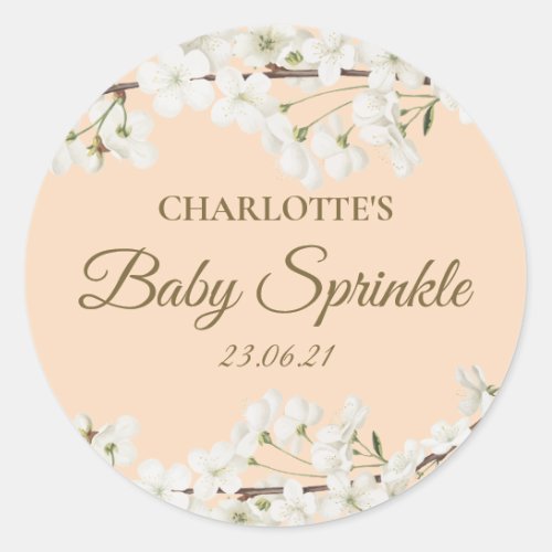 Personalised White Blossom Baby Sprinkle Classic Round Sticker