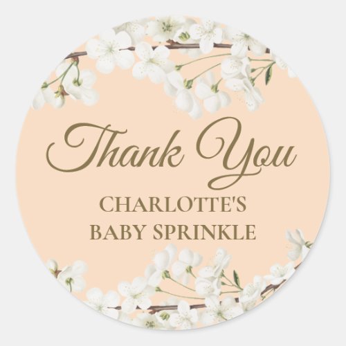 Personalised White Blossom Baby Sprinkle Thank You Classic Round Sticker