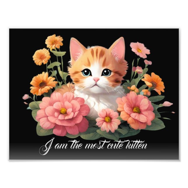 Personalised White Cute Kitten Cat in Flower Black Photo Print (Front)