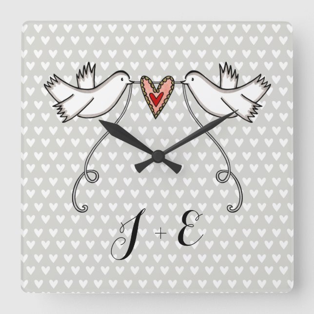 Personalised White Doves Wedding Gift Acrylic Squa Square Wall Clock (Front)