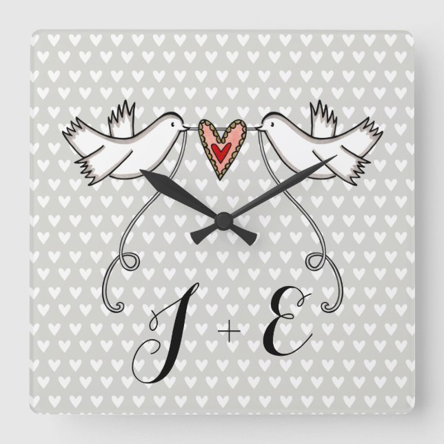 Personalised White Doves Wedding Gift Acrylic  Square Wall Clock (Front)