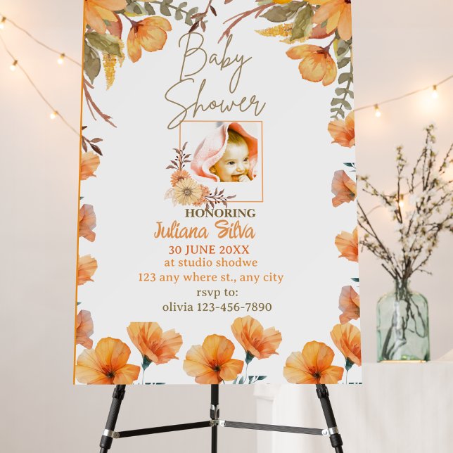 PERSONALISED WHITE ORANGEBABY SHOWER    Invitation Foam Board (CUTE WILD FLOWERS VINTAGEMODERN NEW FOAM BOARD)
