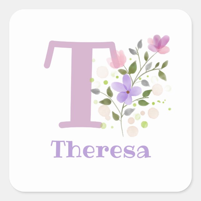 Personalised with Name Theresa and First Initial Square Sticker (Front)