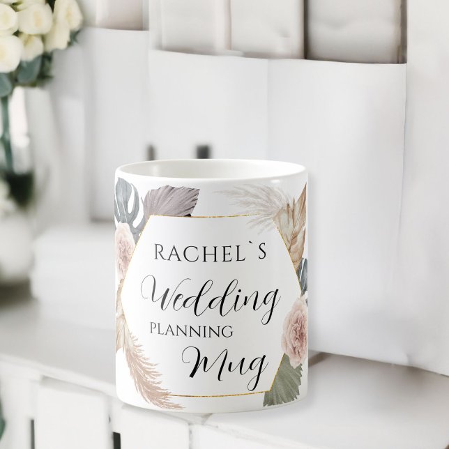Personalisierbar- Wedding-Planning-Mug    Coffee Mug (Customer specific, boho, floral "Wedding-Planning-Mug". Coffee Mug, with the name of the Bride..)