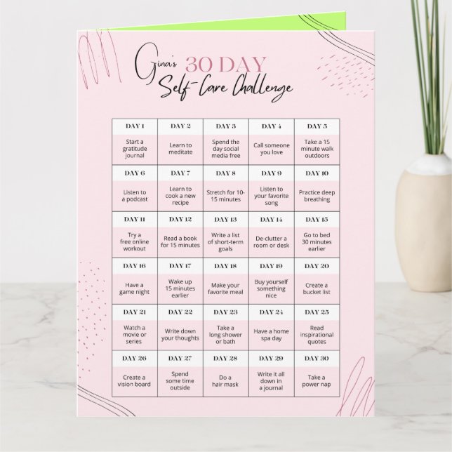 Personalizable 30 Day Self Care Calendar Card (Front)