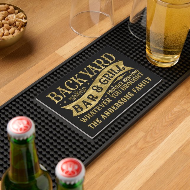 Personalizable Backyard Bar & Grill Black Gold Bar Mat (Insitu (Bar 2))