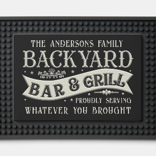 Personalizable Backyard Bar & Grill Black Silver Bar Mat