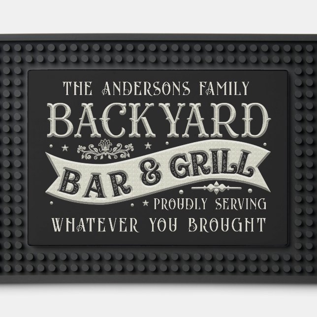 Personalizable Backyard Bar & Grill Black Silver Bar Mat (Front (Close Up))