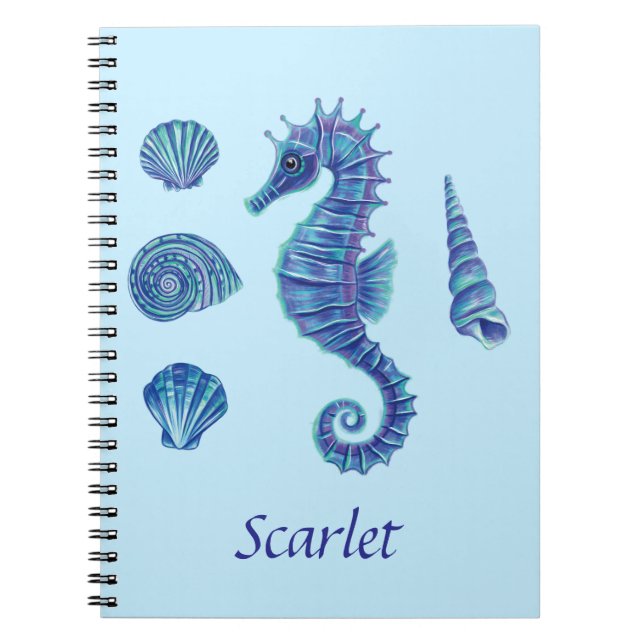 Personalizable Blue Seahorse & Seashells Notebook (Front)