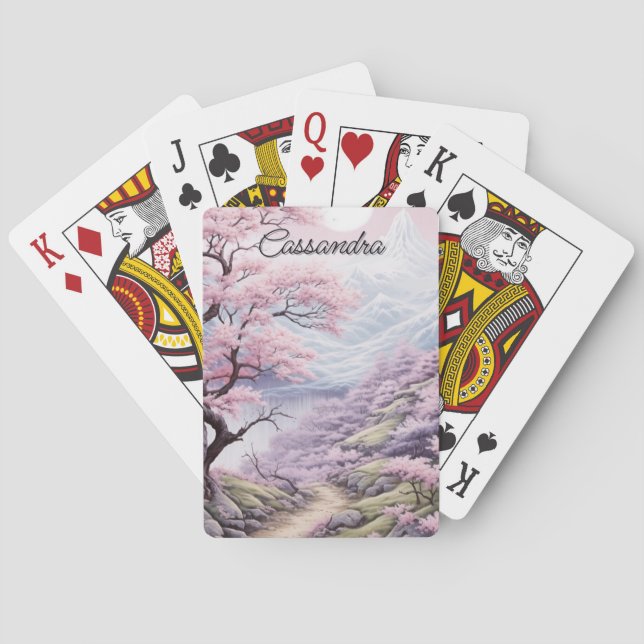 Personalizable Cherry Blossom Landscape  Poker Cards (Back)