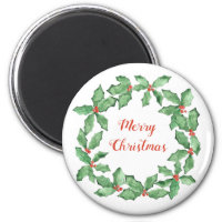 Personalizable Christmas Holly Wreath round magnet