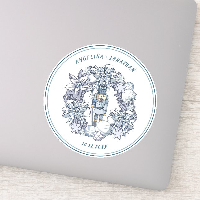 Personalizable Christmas Nutcracker Wreath Wedding Sticker (Detail)