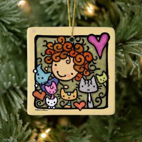 Personalizable Cute Curly Girl Loves Cats Ceramic Ornament