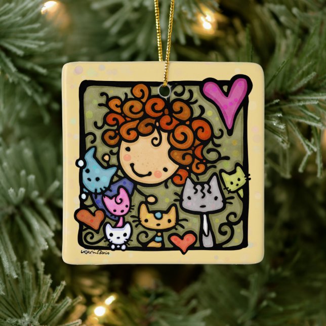 Personalizable Cute Curly Girl Loves Cats Ceramic Ornament (Tree)