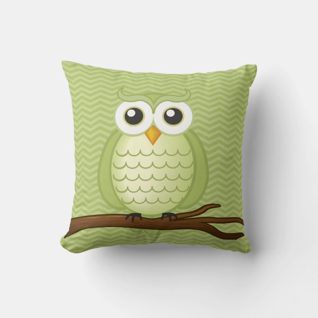 Personalizable Cute Owl | Green Chevrons Throw Pillow (Front)